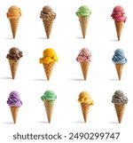 Set of different flavors of ice cream cones, ice cream in waffle cones. Various colors, flavors of ice creams set, collection. coffee, mango, chocolate, vanilla, berry, strawberry. isolated on white.