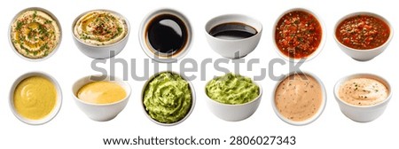 Set of different flavour sauce dip ketchup in white bowl saucer, side top view, isolated cutout Mockup. Guacamole, thousand island, Hummus, soy, salsa, mustard flavour.