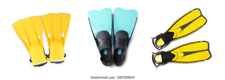 Set with different flippers on white background, top view. Banner design