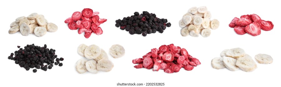 Set with different freeze dried berries and bananas on white background. Banner design - Shutterstock ID 2202532825