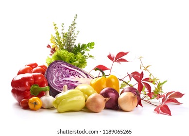 Set of different fresh raw colorful vegetables, isolated on white background