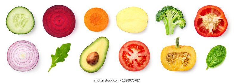 Set of different fresh vegetable slices isolated on white background, top view. Tomato, potato, cucumber, bell pepper, onion, caroot, pumpkin, broccoli, avocado, spinach and arugula - Powered by Shutterstock