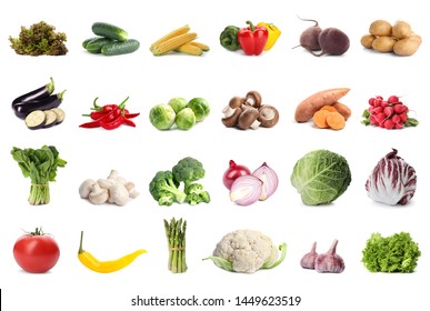 Set Of Different Fresh Vegetables On White Background