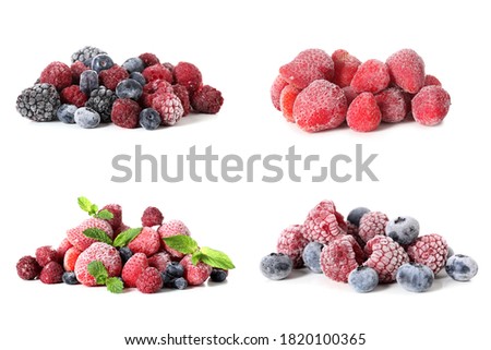 Set of different frozen berries on white background