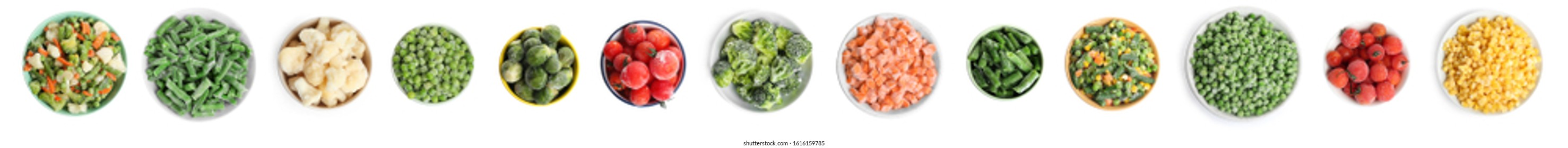 Set Of Different Frozen Vegetables On White Background, Top View. Banner Design 