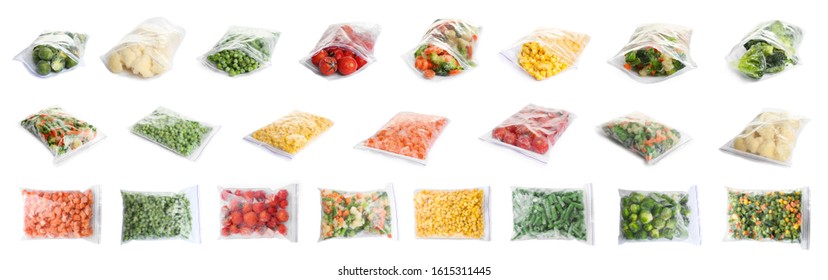 Set of different frozen vegetables in plastic bags on white background