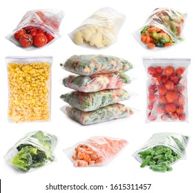 Set Of Different Frozen Vegetables In Plastic Bags On White Background