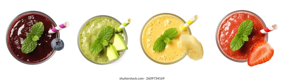 Set of different fruit drinks in glasses isolated on white, top view