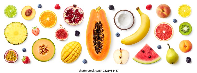 Set of different fruits and berries isolated on white background, top view, flat lay - Powered by Shutterstock