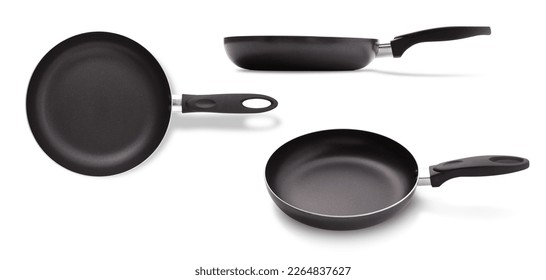 Set of different fry pans with shadow isolated on white background. Top view and perspective.