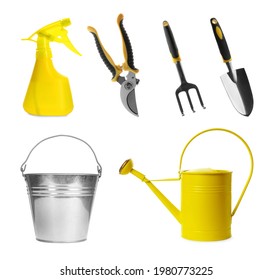 Set With Different Gardening Tools On White Background