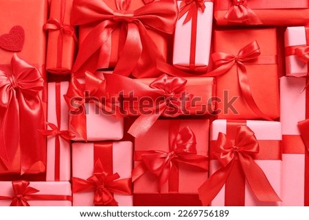 Set of different gift boxes for Valentine's Day celebration, closeup