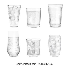 Set With Different Glasses Of Soda Water On White Background