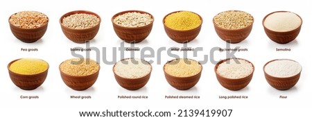 Set of different groats  in one panorama. High quality photo. Barley, pea, buckwheat, rice, flour, oatmeal, corn, wheat groat, pearl barley, millet polished, semolina.