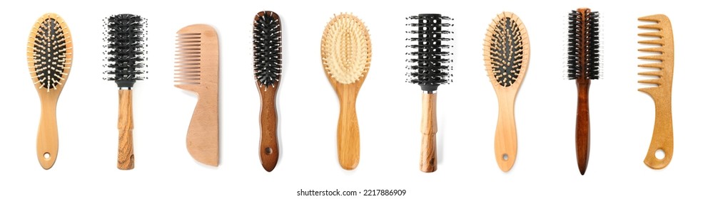 Set of different hair brushes and combs isolated on white