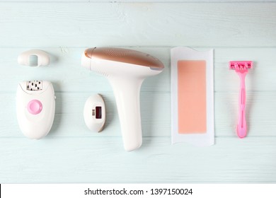 A Set Of Different Hair Removal Products On A Wooden Table. Removal Of Unwanted Body Hair At Home.
