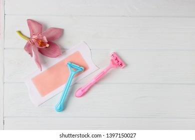 A Set Of Different Hair Removal Products On A Wooden Table. Removal Of Unwanted Body Hair At Home.
