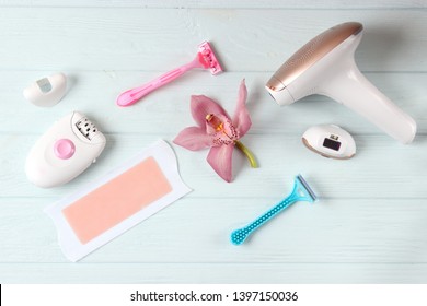 A Set Of Different Hair Removal Products On A Wooden Table. Removal Of Unwanted Body Hair At Home.
