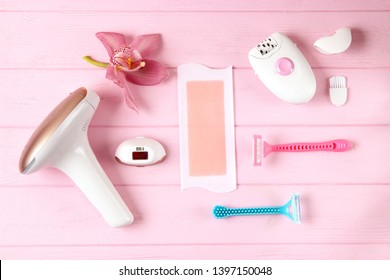 A Set Of Different Hair Removal Products On A Wooden Table. Removal Of Unwanted Body Hair At Home.
