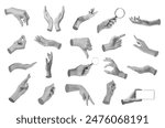 Set of different hand gestures isolated on white, black and white
