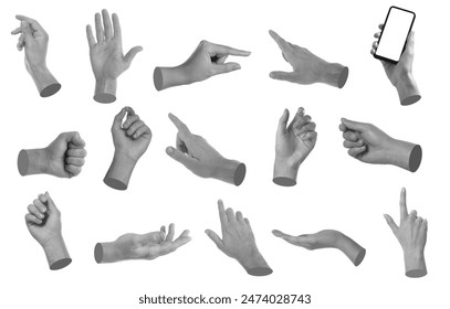 Set of different hand gestures isolated on white. Black and white effect
