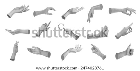 Set of different hand gestures isolated on white, black and white