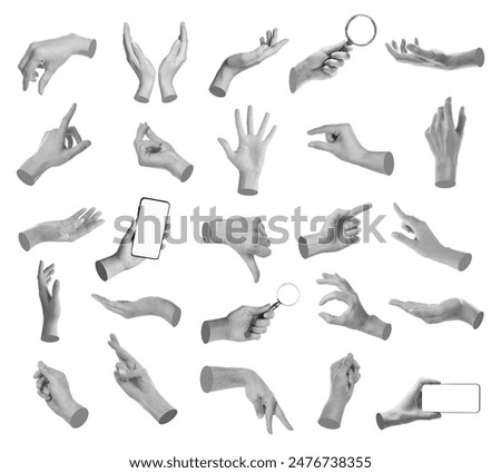 Set of different hand gestures isolated on white, black and white