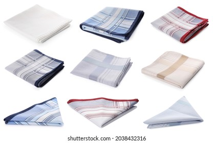 Set with different handkerchiefs on white background 