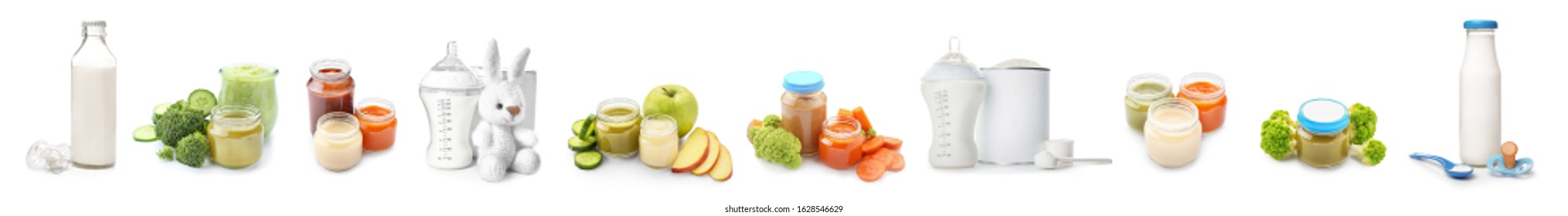 Set Of Different Healthy Baby Food On White Background