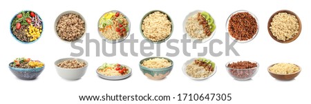 Set of different healthy dishes with quinoa on white background. Banner design 