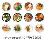 Set of different healthy meals on white background, top view