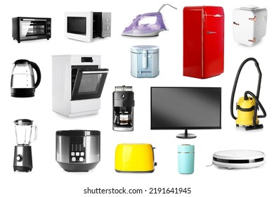 Set of different household appliances isolated on white