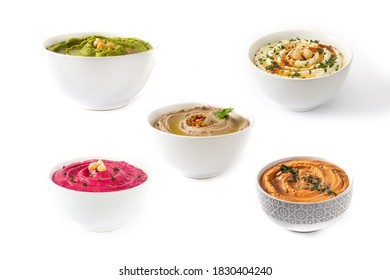Set of different hummus isolated on white background