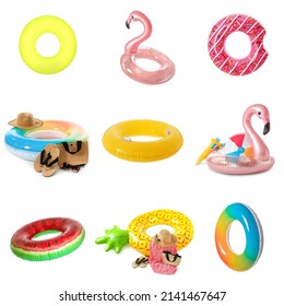 Set of different inflatable rings and beach accessories isolated on white