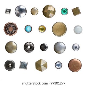 Set of different jeans buttons, rivets and studs isolated on white background