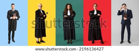 Set of different judges and lawyer on color background