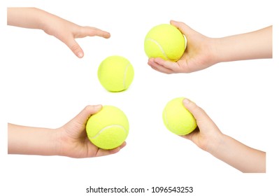 set of different Kid hold tennis ball in hand, isolated on white background.