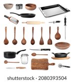 Set with different kitchenware on white background 