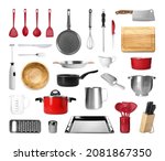 Set with different kitchenware on white background 