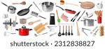 Set of different kitchenware on white background