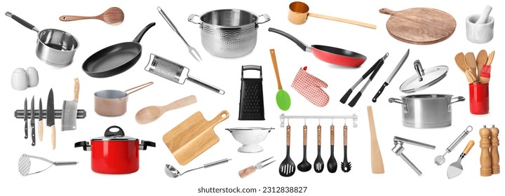 Set of different kitchenware on white background - Shutterstock ID 2312838827