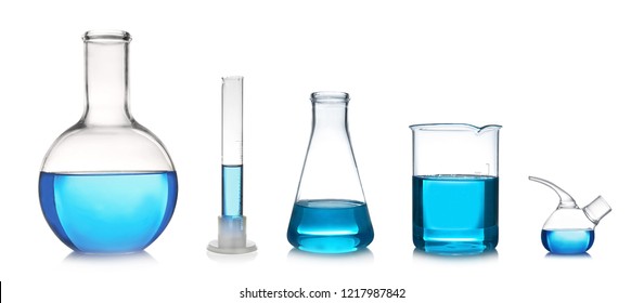 Set with different laboratory glassware and liquid for analysis on white background - Shutterstock ID 1217987842
