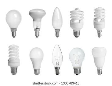 Set of different lamp bulbs on white background