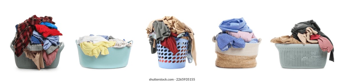 Set with different laundry baskets full of clothes on white background - Shutterstock ID 2265935155