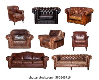 Set of different leather furniture. Collage of side and front views of leather sofa and chair