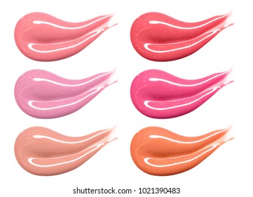 Set Of Different Lip Glosses Pastel Color Smear Samples Isolated On White. Smudged Makeup Product Sample.