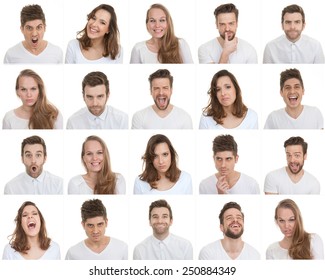 Set Of Different Male And Female Faces, Facial Expressions