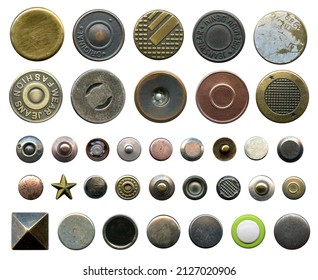 Set of different metal buttons and rivets. Vintage fushion accessories close-up isolated on a white background. Denim culcure modern style. Trousers and jackets elements isolated on white background
