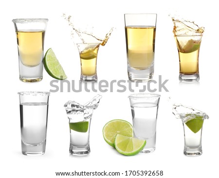 Set of different Mexican Tequila shots on white background