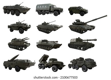 Set of different military machinery, vehicles and tanks. Military weapons. Russian military machinery. Russian Army. Isolated on white background with clipping path.